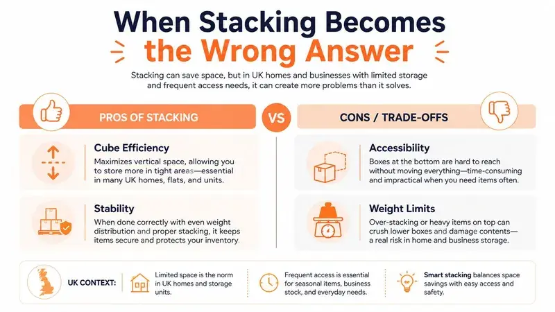 An infographic titled When Stacking Becomes the Wrong Answer, detailing the pros and cons of stacking storage boxes.