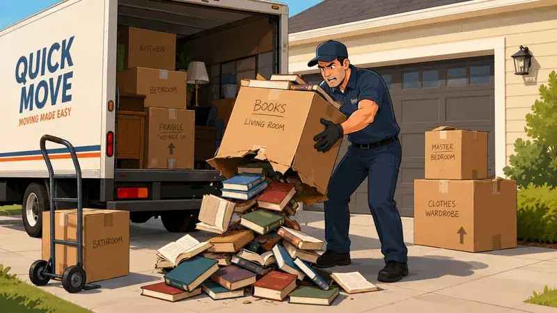 A moving man looking stressed as a cardboard box labeled books breaks open, spilling items onto concrete.