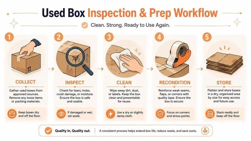 A five-step infographic showing the workflow for inspecting and preparing used cardboard boxes for reuse.