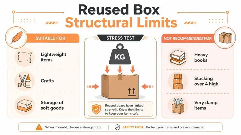 An infographic detailing the structural limitations, suitable uses, and what to avoid when using reused cardboard boxes.