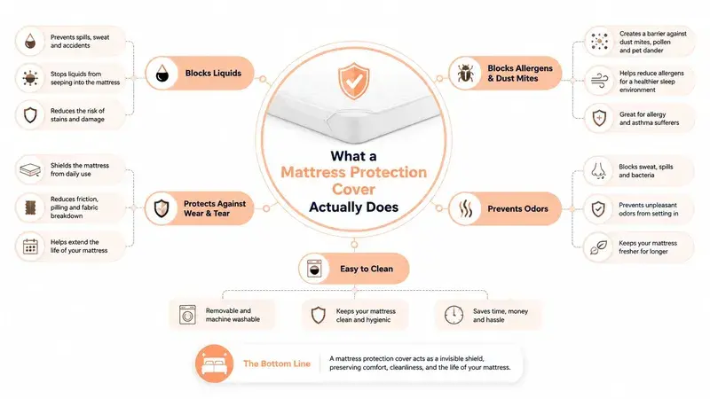 An infographic showing the various benefits of using a mattress protection cover for health and maintenance.