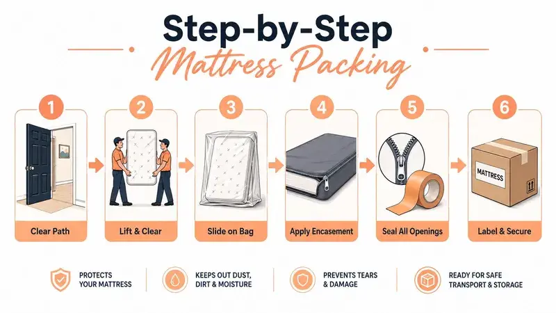 A six-step infographic showing how to safely pack a mattress using protective covers and storage materials.