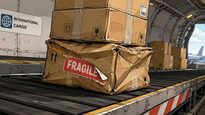 A stack of cardboard shipping boxes on a cargo plane conveyor belt, with a damaged fragile parcel.