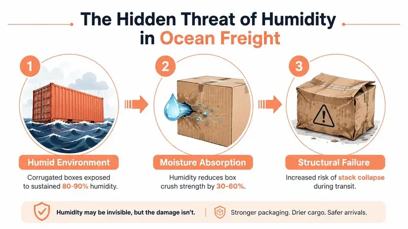 A three-step infographic showing how humidity in ocean freight causes corrugated box damage and structural failure.