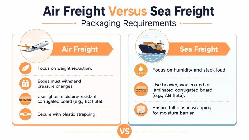 An infographic comparing packaging requirements for air freight versus sea freight shipping methods side by side.