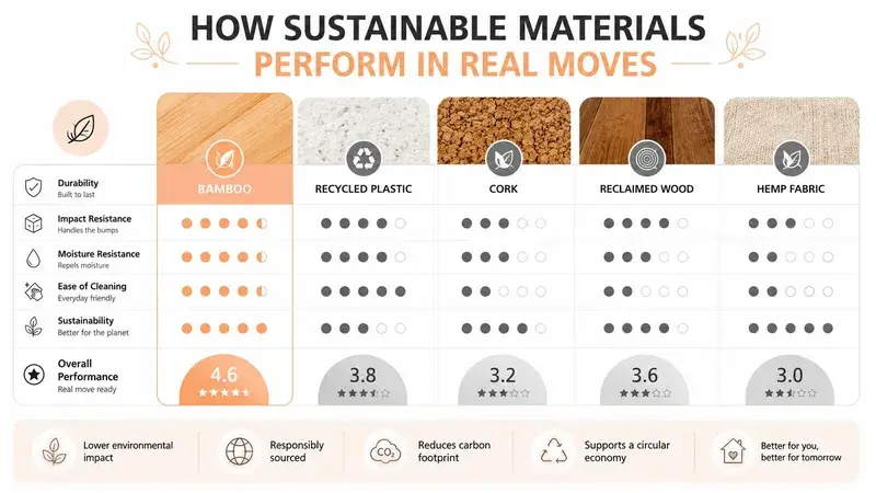 A comparison chart showing performance ratings for sustainable materials like bamboo, recycled plastic, cork, reclaimed wood, and hemp.