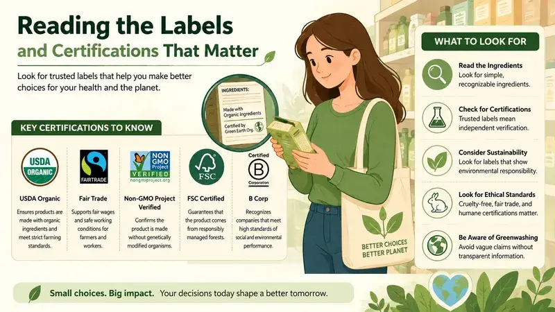 An illustration showing a woman shopping for products with various eco-friendly and ethical certifications labels.