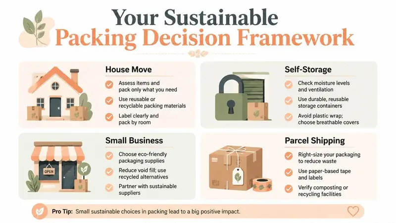 An infographic titled Your Sustainable Packing Decision Framework, illustrating eco-friendly packing tips for home moves, self-storage, businesses, and shipping.