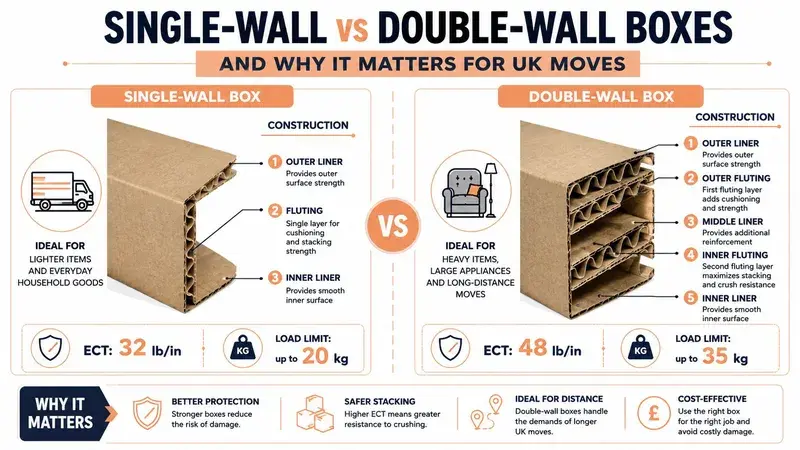 A comparative infographic illustrating the construction, specifications, and advantages of single-wall versus double-wall corrugated cardboard shipping boxes.