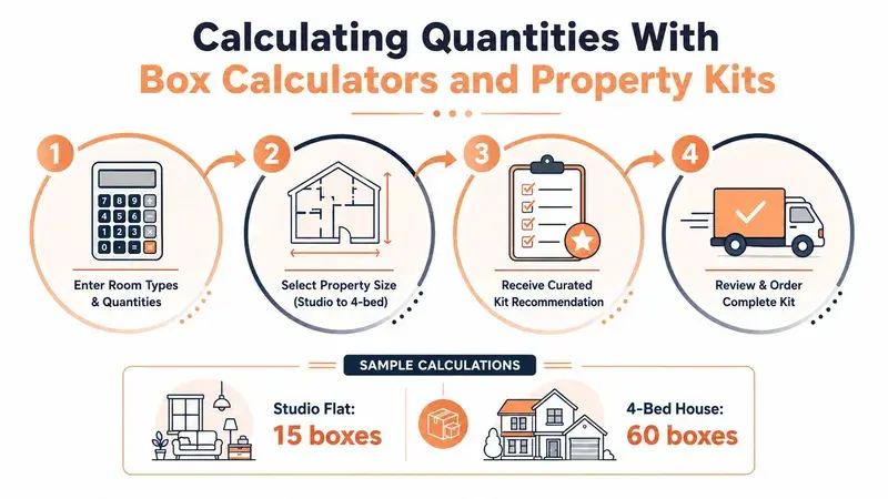 A step-by-step infographic illustrating how to use a box calculator to determine packing supplies for moving.