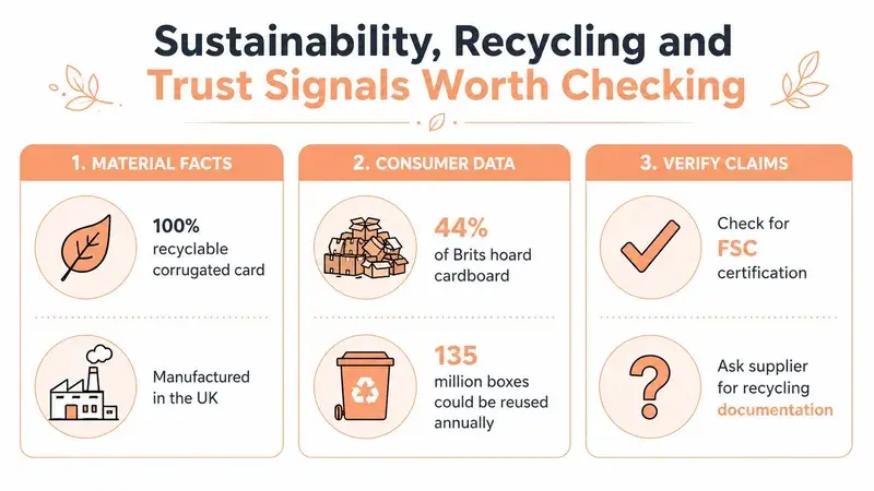 An infographic detailing sustainability, recycling practices, and trust signals for choosing a cardboard box supplier.