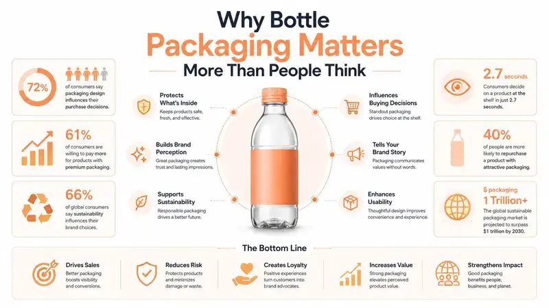 An infographic titled Why Bottle Packaging Matters showing statistics and benefits of well-designed product packaging.