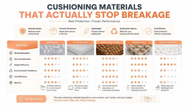 A comparative chart evaluating five different packaging cushioning materials for their shock absorption, weight, and environmental impact.