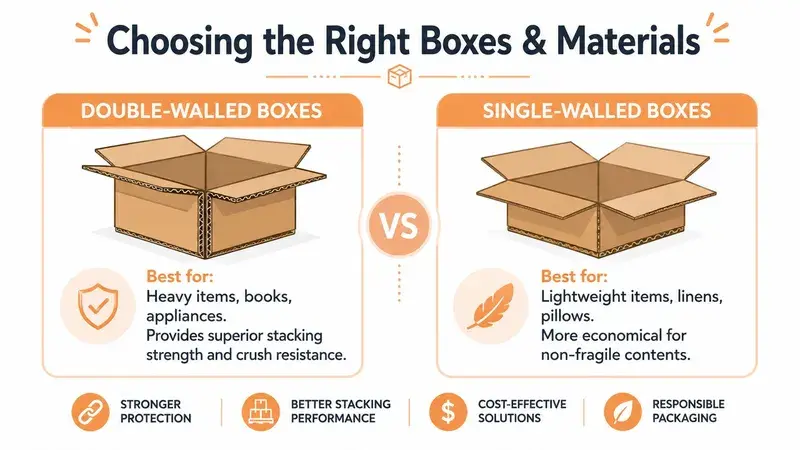 An infographic comparing double-walled and single-walled shipping boxes to help with packing and moving decisions.