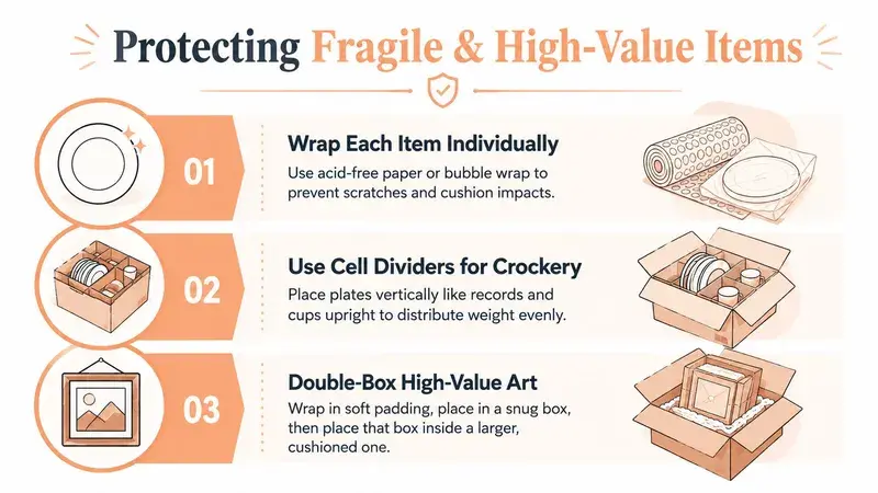 An infographic showing three essential steps for protecting fragile and high-value items during a house move.