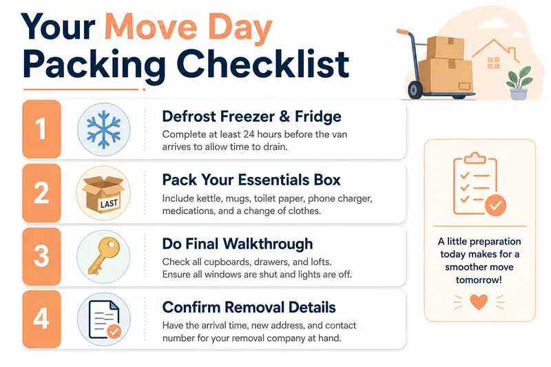 A checklist graphic providing four essential tips for homeowners to prepare efficiently before their move day.