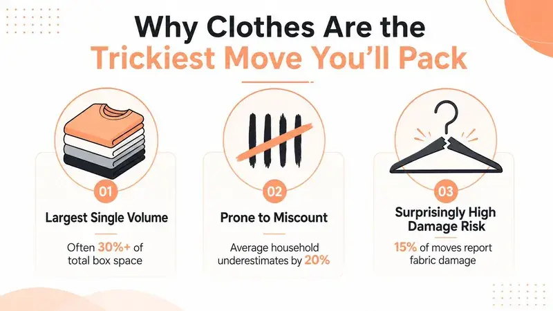 An infographic highlighting the three biggest challenges of packing clothes for moving: volume, miscounting, and damage risk.