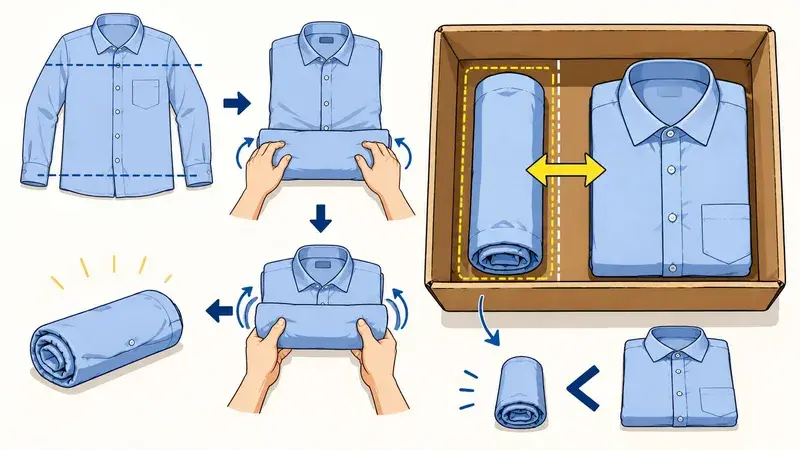An instructional diagram showing how to fold and roll a button-down shirt for efficient space-saving packing.