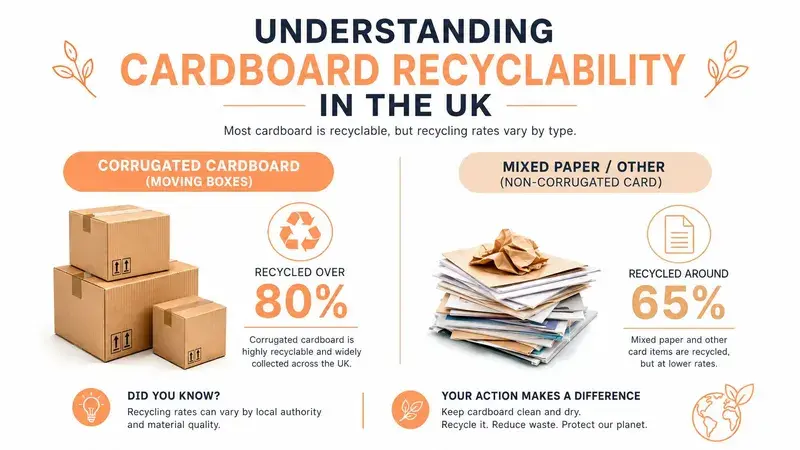 An infographic showing UK cardboard recycling rates for corrugated boxes and mixed paper with recycling tips.