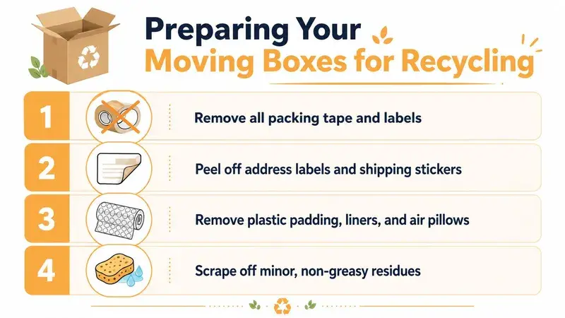 An instructional graphic on how to prepare moving boxes for recycling by removing tape, labels, and padding.