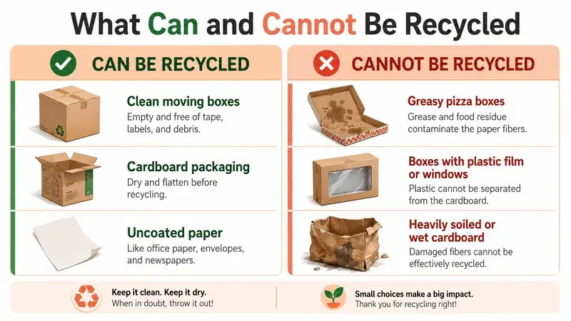 An infographic showing examples of cardboard and paper items that can and cannot be recycled properly.