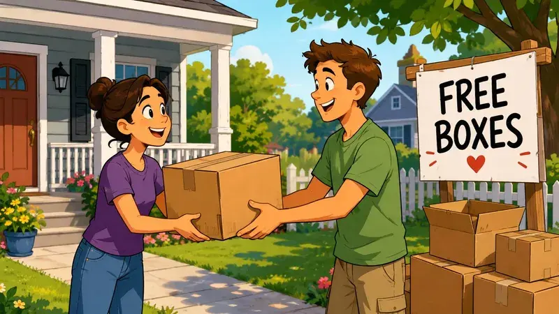 A happy young woman receives a cardboard box from a man in front of a house.