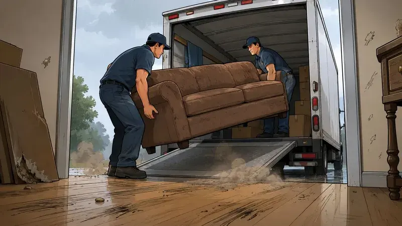 Two professional movers in uniform loading a brown couch into the back of a moving truck.
