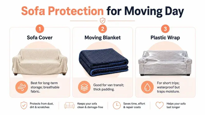 An infographic showing three ways to protect a sofa during a move: covers, blankets, and plastic wrap.
