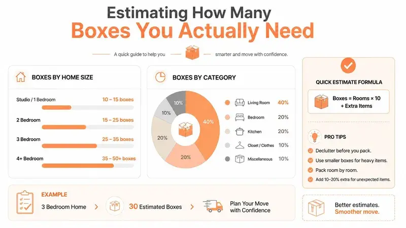 A helpful infographic guide estimating the number of moving boxes required for different home sizes and categories.