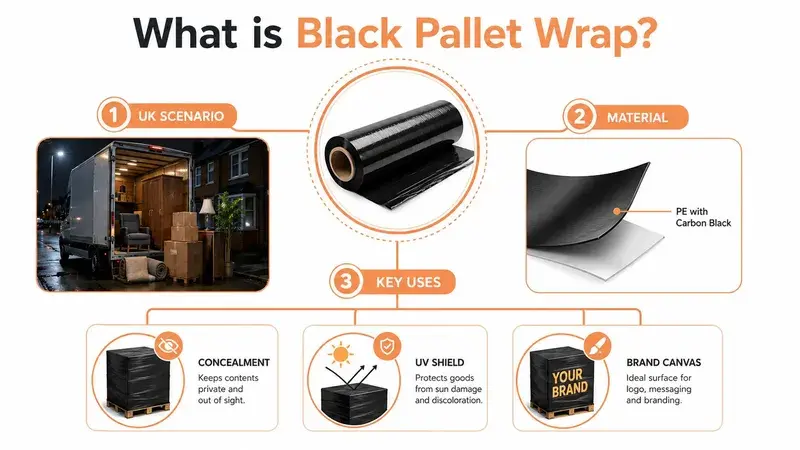An infographic detailing the uses, material composition, and benefits of black pallet wrap for logistics and storage.