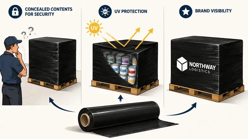 A diagram demonstrating the benefits of black pallet wrap for security, UV protection, and brand visibility.