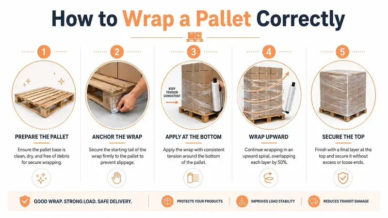 An infographic showing five easy steps on how to wrap a shipping pallet correctly for safe transit.