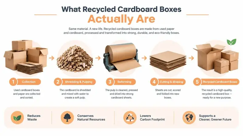 An infographic illustrating the five-step process of recycling cardboard boxes, from collection to finished product.