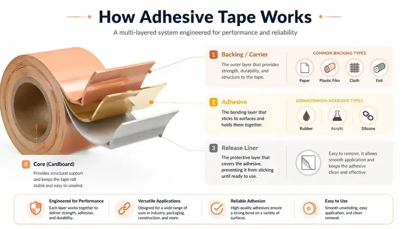 An educational infographic illustrating the multi-layered construction of adhesive tape, including the core, backing, adhesive, and liner.
