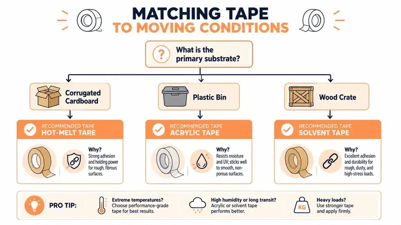 A flowchart guide matching different types of moving tape to cardboard boxes, plastic bins, and wooden crates.