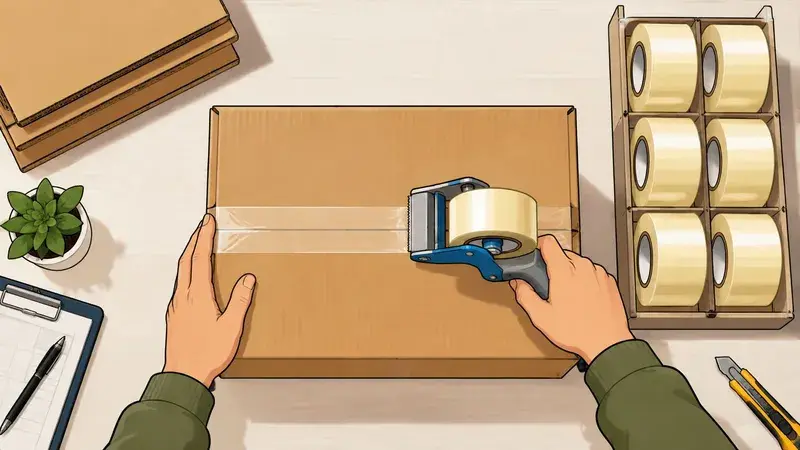 A person uses a tape dispenser to seal a cardboard shipping box on a desk workspace.