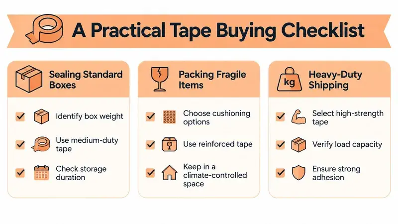 An infographic titled A Practical Tape Buying Checklist offering tips for shipping boxes and fragile items.