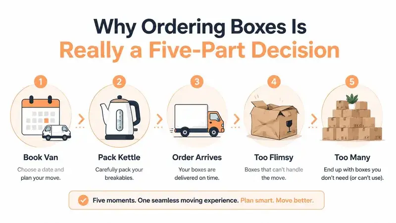 A five-step infographic showing the process and potential pitfalls of ordering moving boxes for a home relocation.