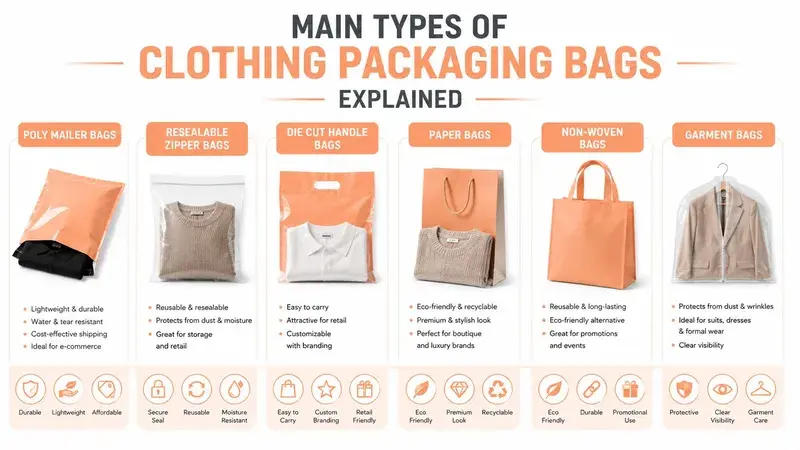 An infographic displaying six different types of clothing packaging bags with their key features and benefits.