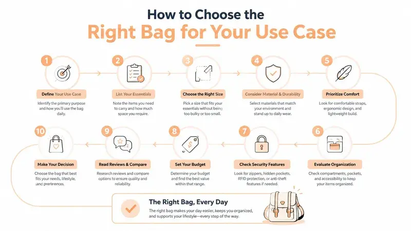An infographic showing ten steps to choose the right bag, ranging from defining usage to making a decision.