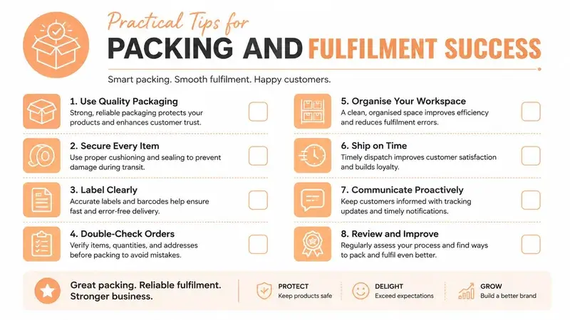 An infographic titled Practical Tips for Packing and Fulfilment Success featuring eight steps to improve shipping processes.