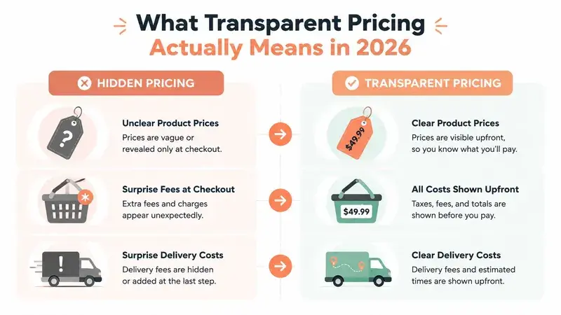 A comparison chart showing the differences between hidden pricing and transparent pricing with clear examples.