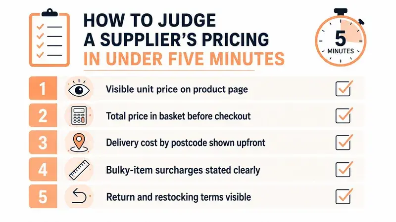 A checklist infographic titled How to Judge a Supplier's Pricing in Under Five Minutes with five key steps.