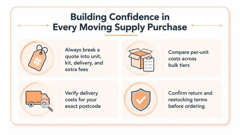 An infographic titled Building Confidence in Every Moving Supply Purchase with four tips for smart purchasing.
