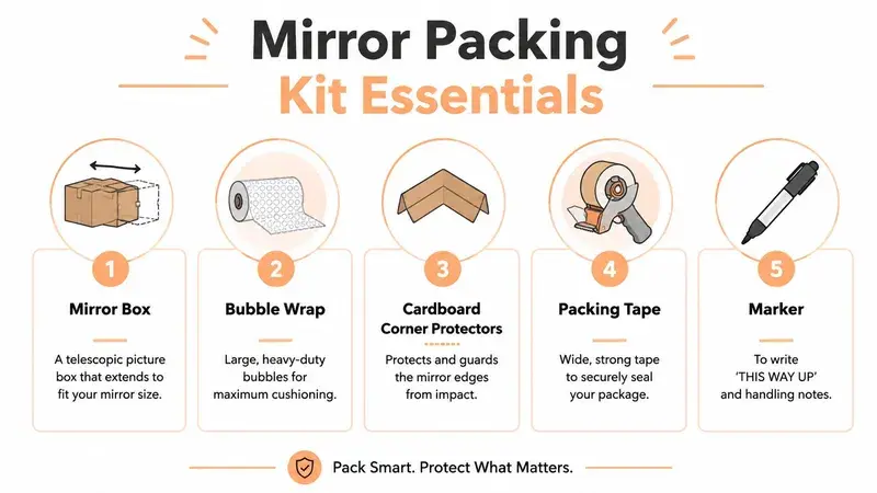 An infographic illustrating five essential supplies needed to pack a mirror safely for moving purposes.