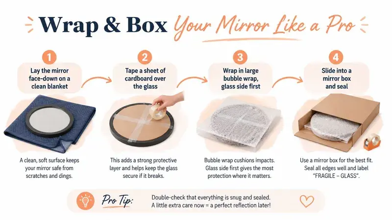 A four-step infographic illustrating how to properly pack a mirror for safe moving and storage.