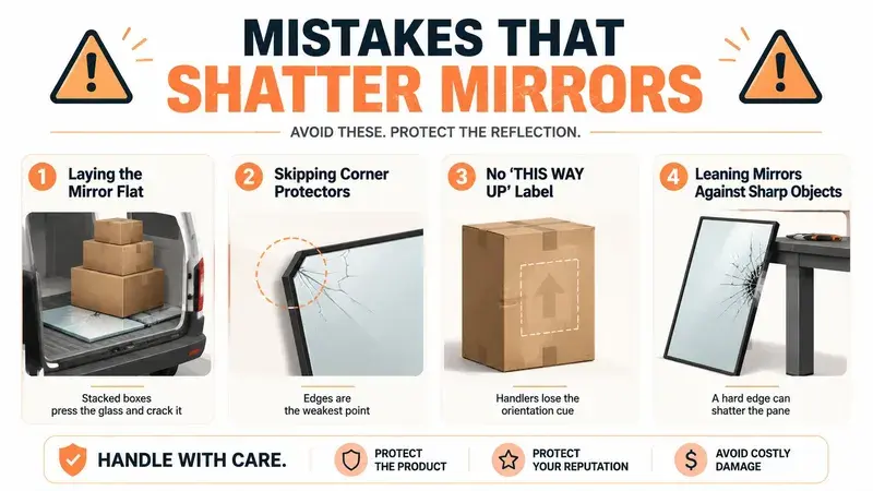 An infographic illustrating four common mistakes that cause mirrors to shatter during moving and handling processes.