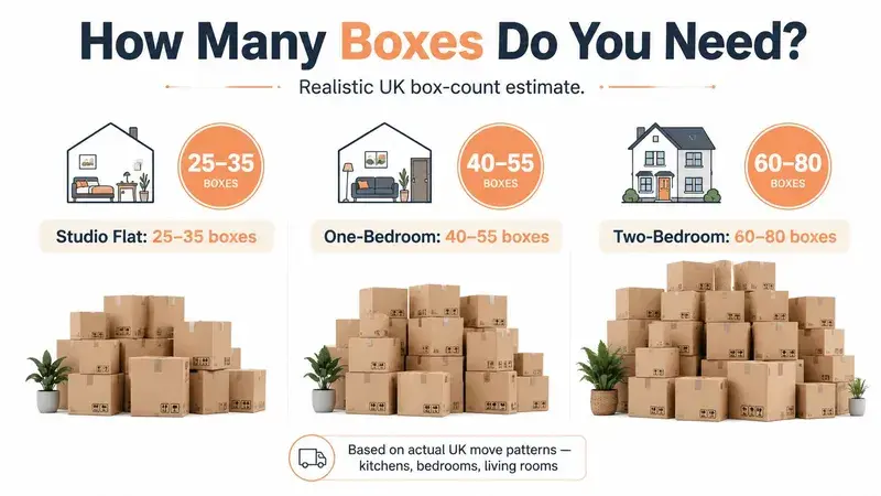 An infographic showing the estimated number of moving boxes required for different sizes of UK homes.