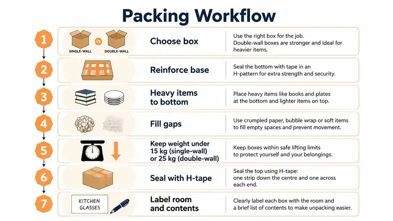 A seven-step instructional infographic detailing the professional packing workflow for safe moving with carton boxes.