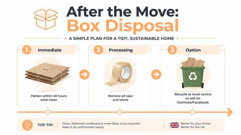 A three-step infographic showing how to correctly flatten, clean, and recycle moving boxes after moving home.